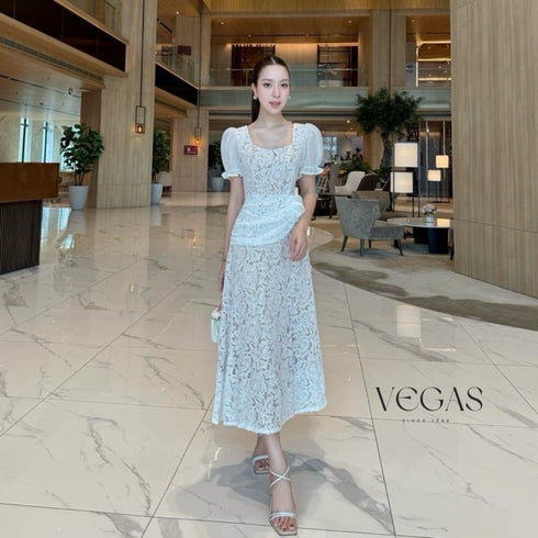 Lacey Square Neck Puff Sleeves Long Dress